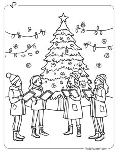 A Group Of Carolers Singing Near A Christmas Tree 