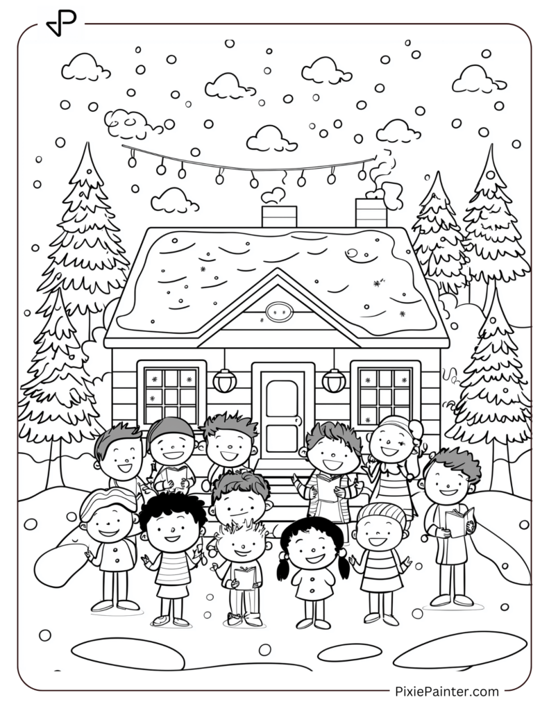 A Group Of Kids Singing Carols In Front Of A House With Lights.