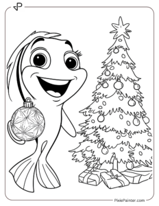 Laughing Dory Holding Ornament Beside A Christmas Tree