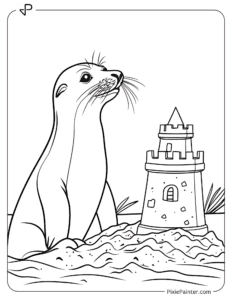 A sea lion building a sandcastle