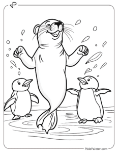 A sea lion dancing with penguins