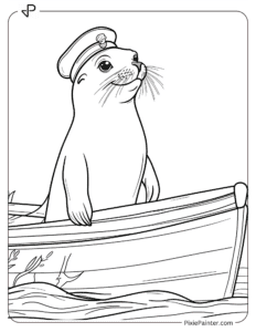 Sea lion with a sailor cap on boat