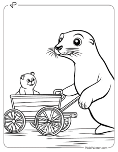 A sea lion pulling a toy wagon