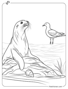 A sea lion sitting on a rock with a seagull nearby