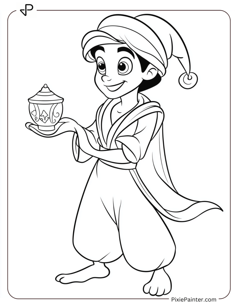 Disney christmas coloring page where Aladdin holding a small Christmas lantern