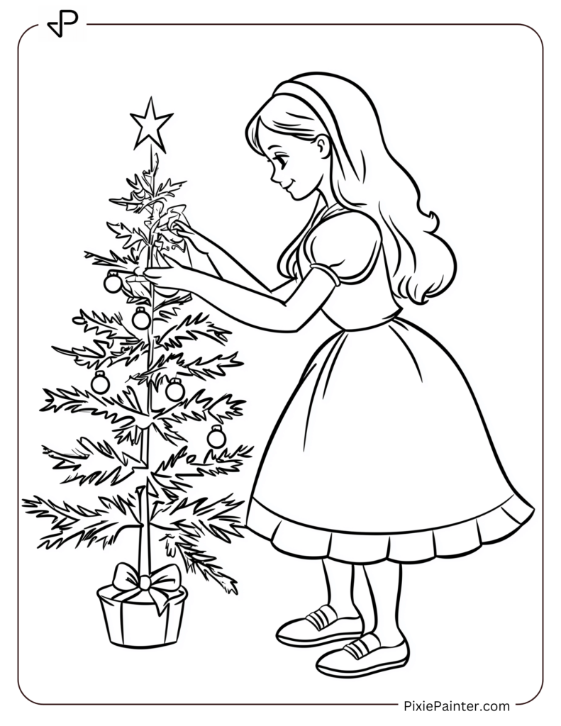 Disney christmas coloring page where Alice decorating a small Christmas tree