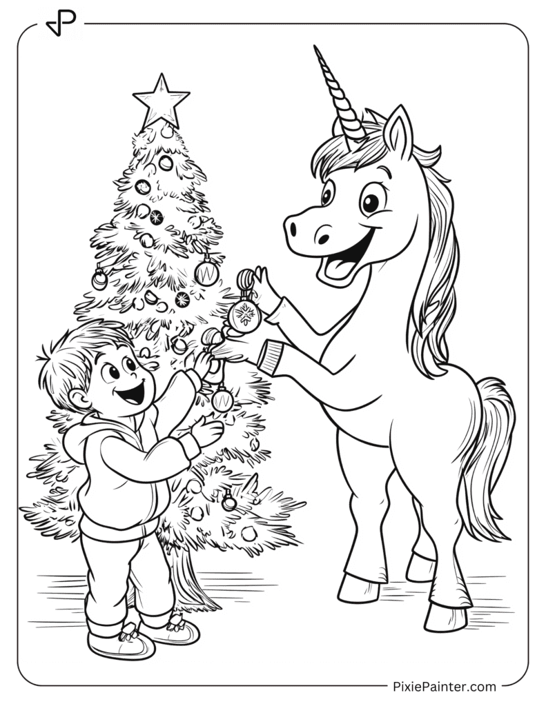 An Excited Unicorn Helping A Child Put Ornaments On A Christmas Tree