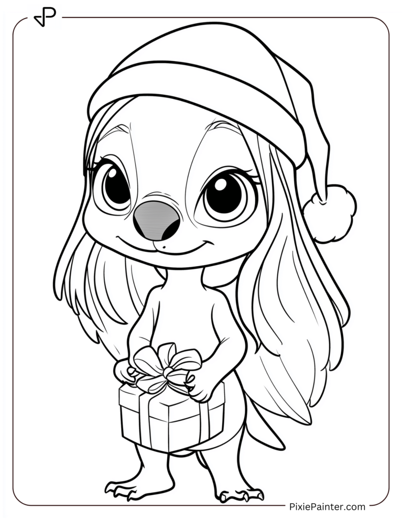 Disney christmas coloring page where Angel wearing a Santa hat and holding a gift