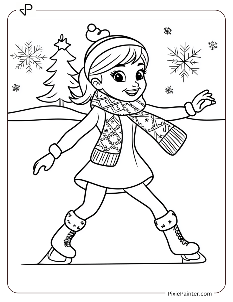 Disney christmas coloring page where Anna skating on ice wearing a cozy Christmas scarf