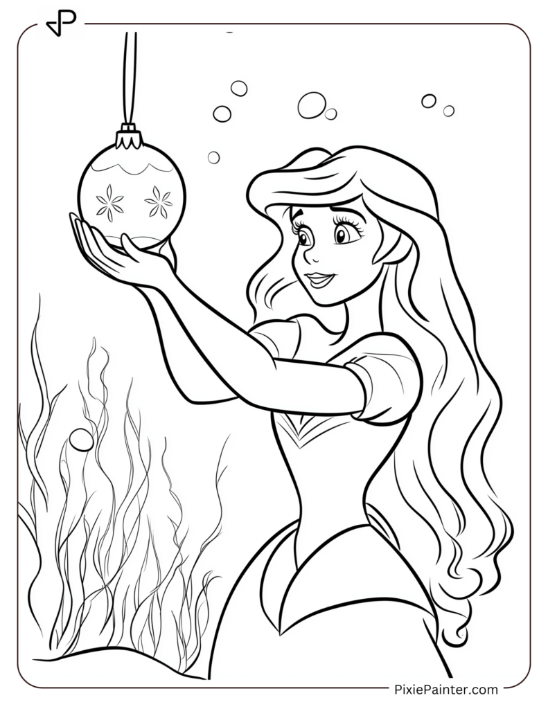 Disney christmas coloring page where Ariel holding a Christmas ornament under the sea