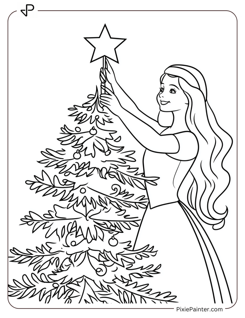 Disney christmas coloring page where Aurora placing a star on top of a Christmas tree