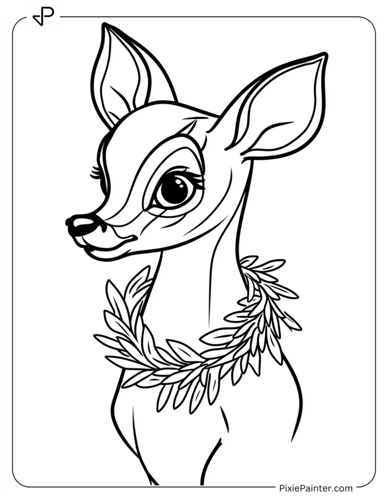 Disney christmas coloring page where Bambi wearing a wreath around his neck