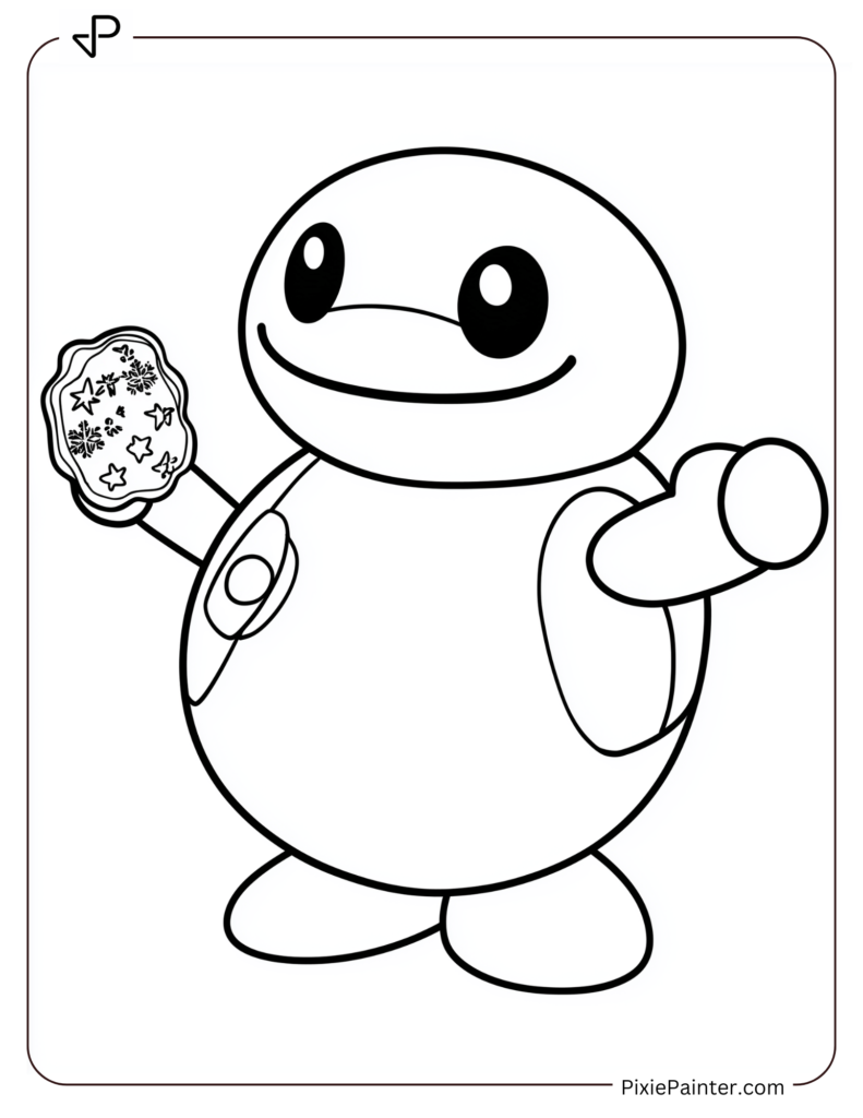 Disney christmas coloring page where Baymax holding a Christmas cookie in one hand