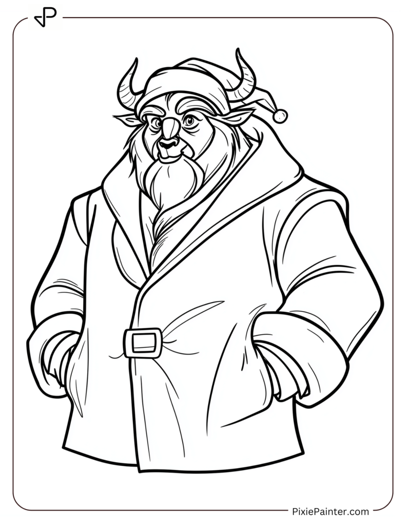 Disney christmas coloring page where Beast from Beauty and the Beast wearing a Santa coat