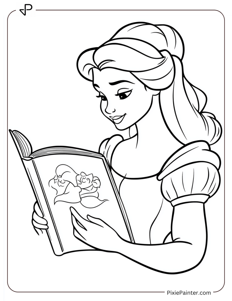 Disney christmas coloring page where Belle reading a Christmas storybook