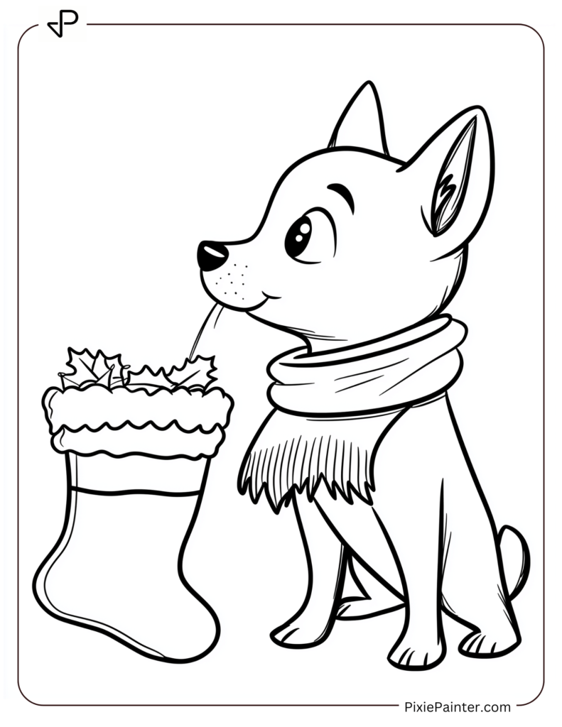 Disney christmas coloring page where Bolt wearing a scarf and sniffing a Christmas stocking