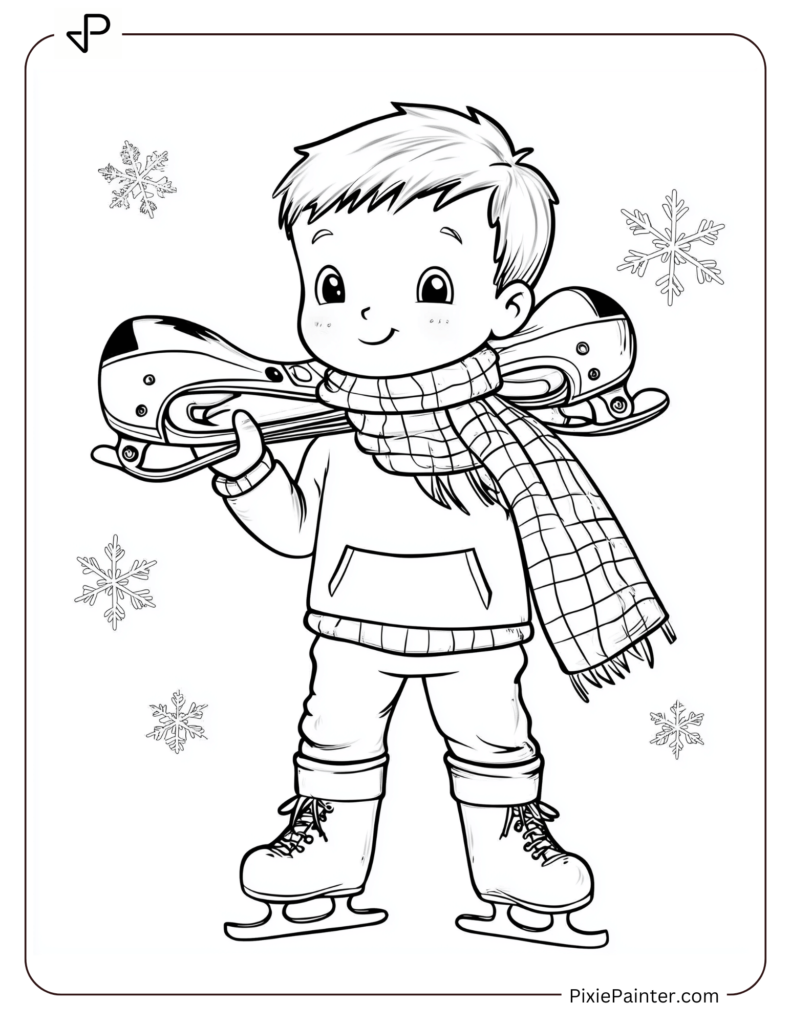 Boy Holding A Pair Of Ice Skates Over His Shoulder.