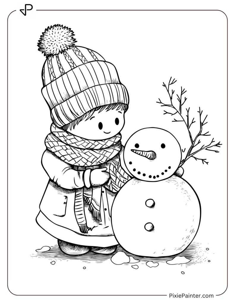 A Child Wearing A Scarf And Knit Hat, Making A Snowman.