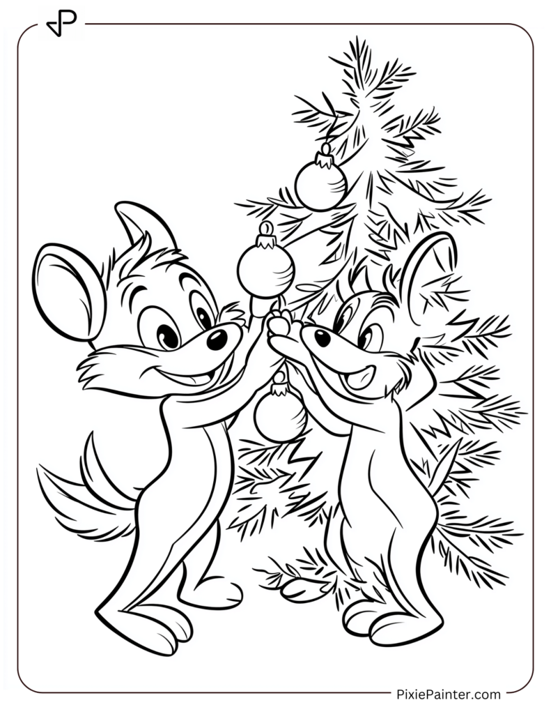 Disney christmas coloring page where Chip 'n Dale hanging ornaments on a tree together