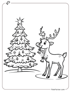 Christmas Tree Beside A Reindeer Playing Jingle Bells