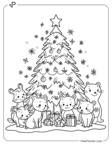 Christmas Tree Surrounded By Cute Woodland Animals