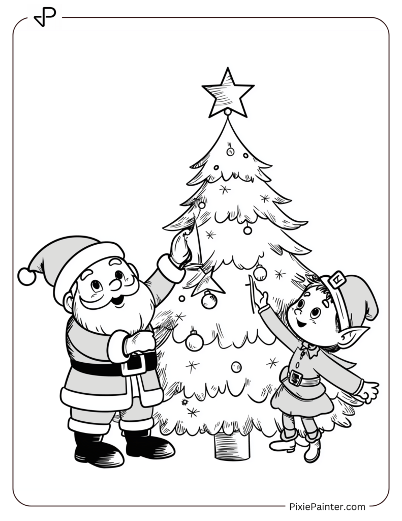 Christmas Tree With Santa And An Elf Hanging A Star