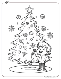 Christmas Tree With A Kid Holding A Microphone And Singing