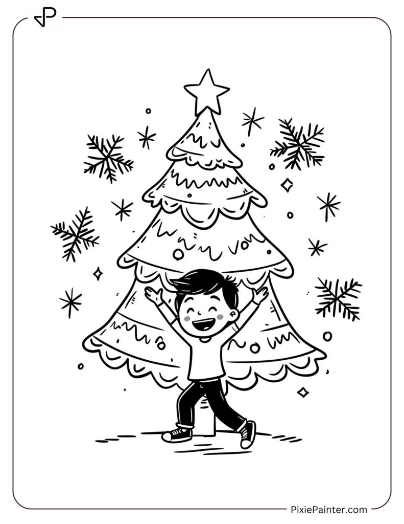 Christmas Tree With A Kid Joyfully Dancing Around It