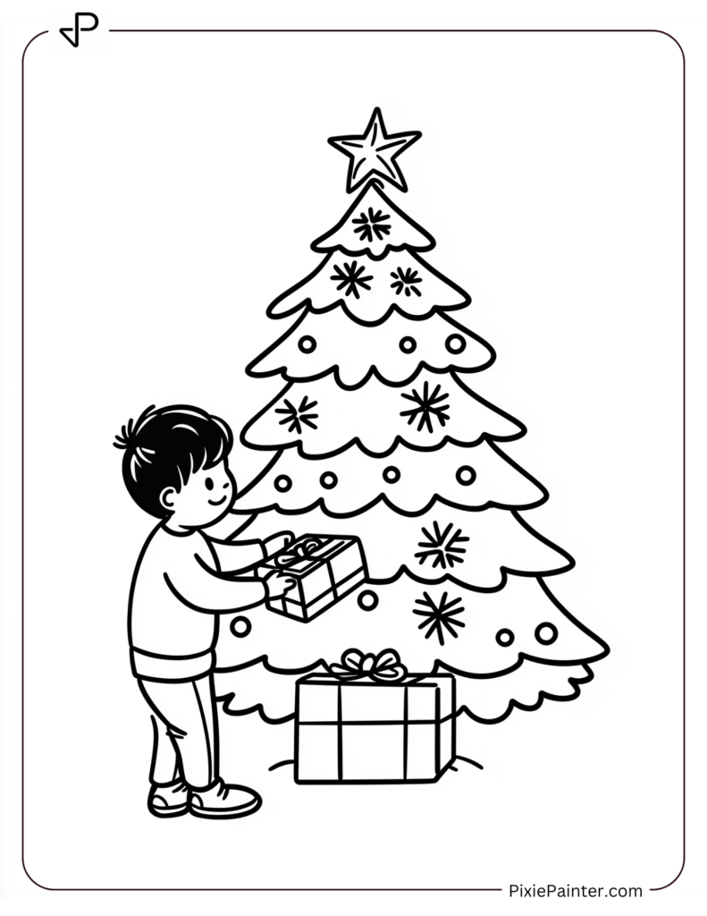 Christmas Tree With A Kid Placing A Gift Box Under It