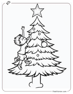 Christmas Tree With A Kid Standing On Tiptoes Reaching For The Star