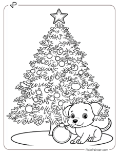 Christmas Tree With A Puppy Playing With An Ornament