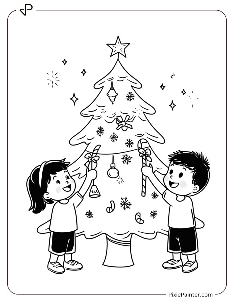 Christmas Tree With Two Kids Happily Hanging Decorations