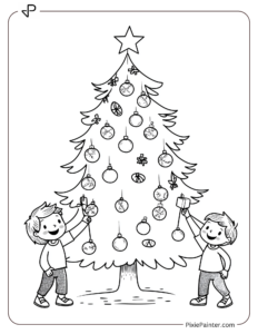 Christmas Tree With Two Kids Happily Hanging Decorations