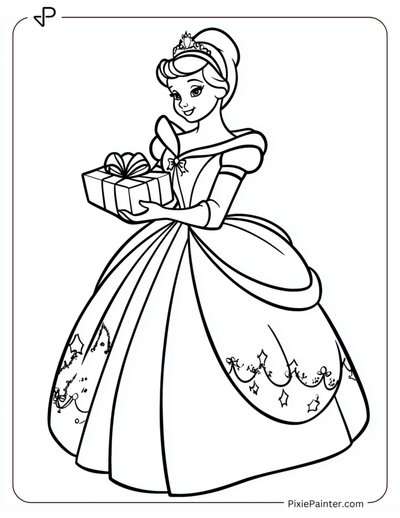 Disney christmas coloring page where Cinderella wearing a Christmas-themed gown and holding a gift