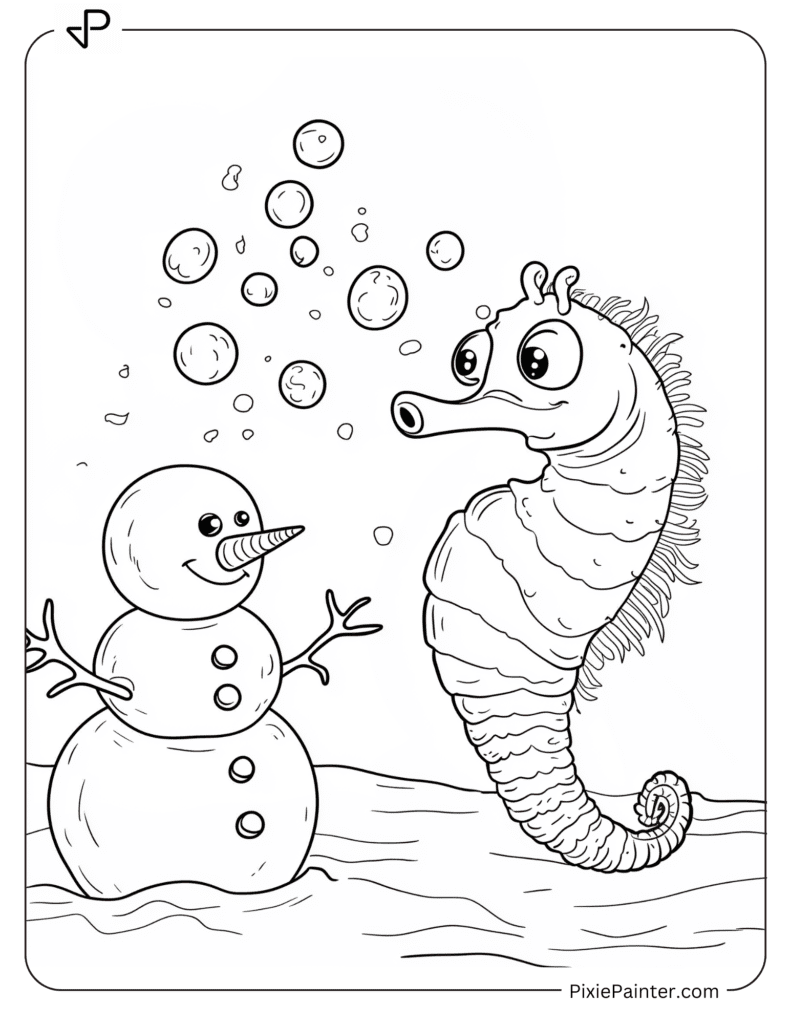 Cute Seahorse Playing with Snowman