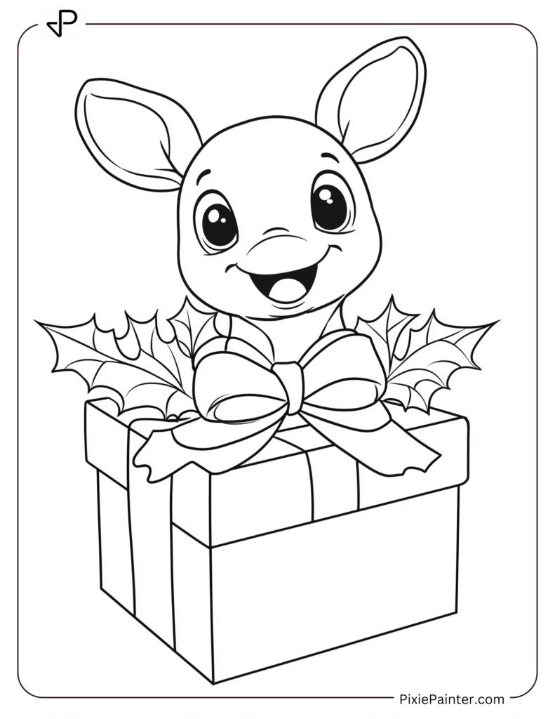 Disney christmas coloring page where Cute Stitch popping out of a Christmas gift box