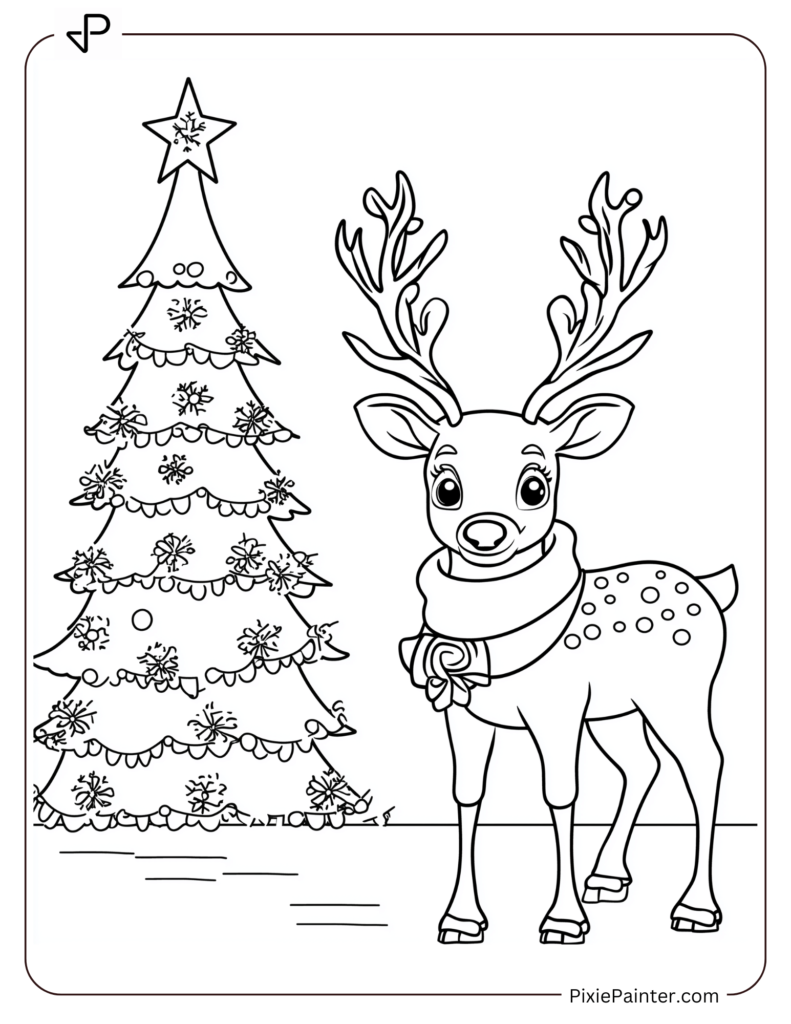 Reindeer Wearing A Sweater In Front Of A Christmas Tree.