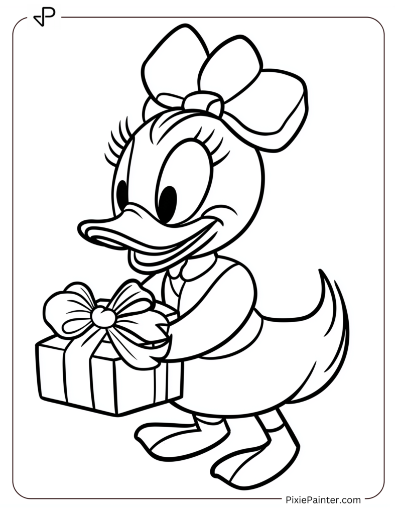 Disney christmas coloring page where Daisy Duck holding a Christmas gift