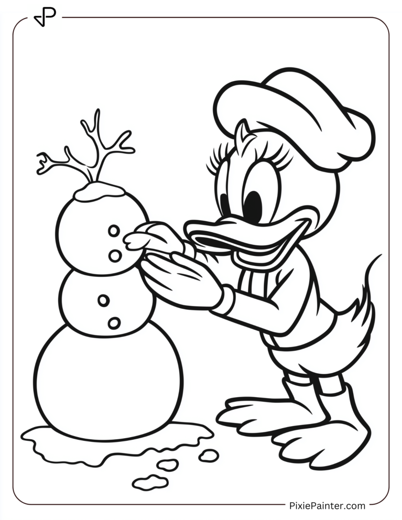 Disney christmas coloring page where Donald Duck building a snowman