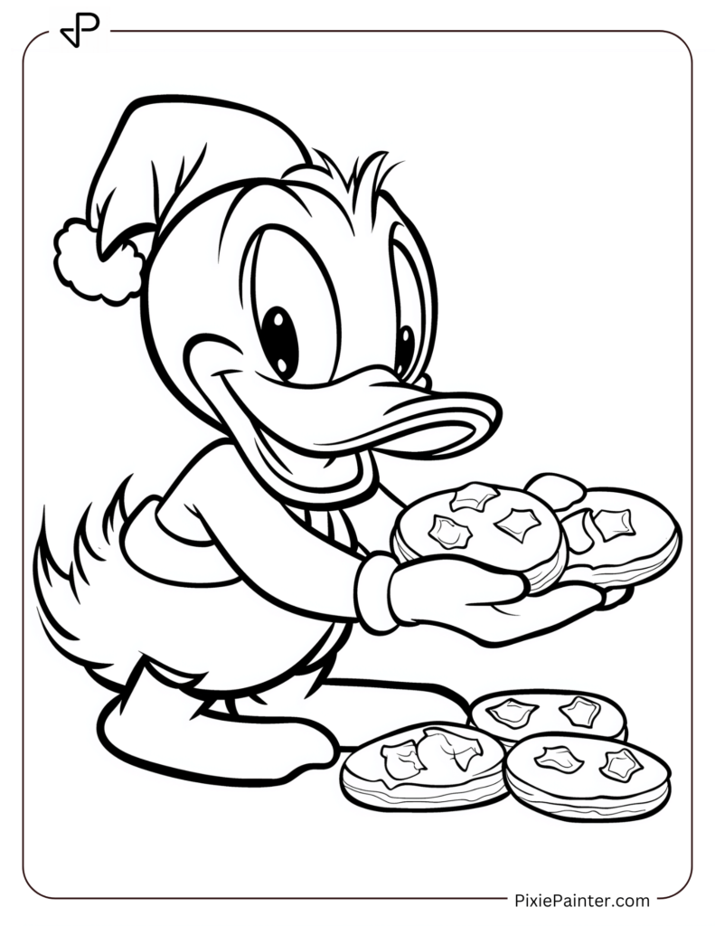 Disney christmas coloring page where Donald Duck eating Christmas cookies