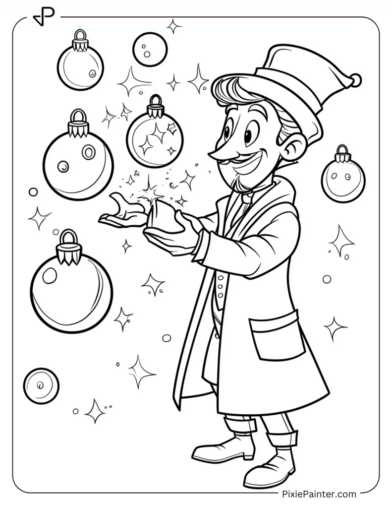 Disney christmas coloring page where Dr. Facilier conjuring holiday magic with ornaments