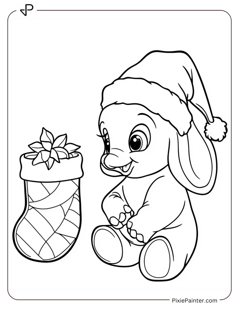 Disney christmas coloring page where Dumbo wearing a Santa hat and sitting near a Christmas stocking