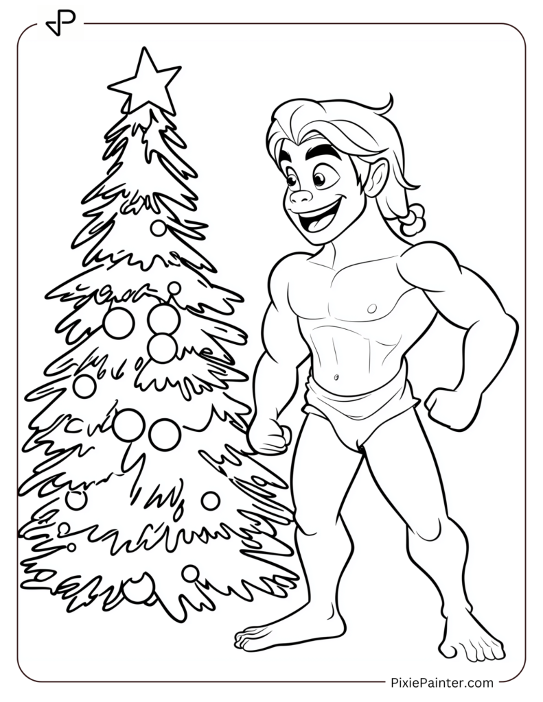 Energetic Tarzan Standing Next To A Christmas Tree 