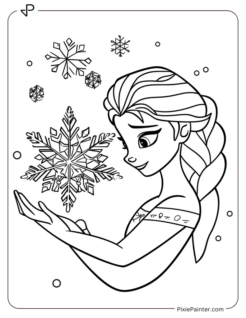 Disney christmas coloring page where Elsa creating a snowflake-shaped Christmas ornament