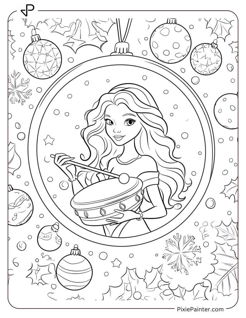 Disney christmas coloring page where Esmeralda playing a tambourine surrounded by Christmas ornaments