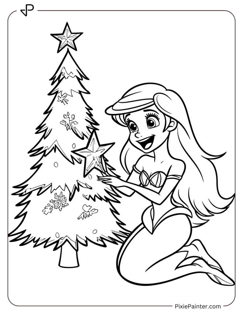 Excited Ariel Sitting Next To A Christmas Tree