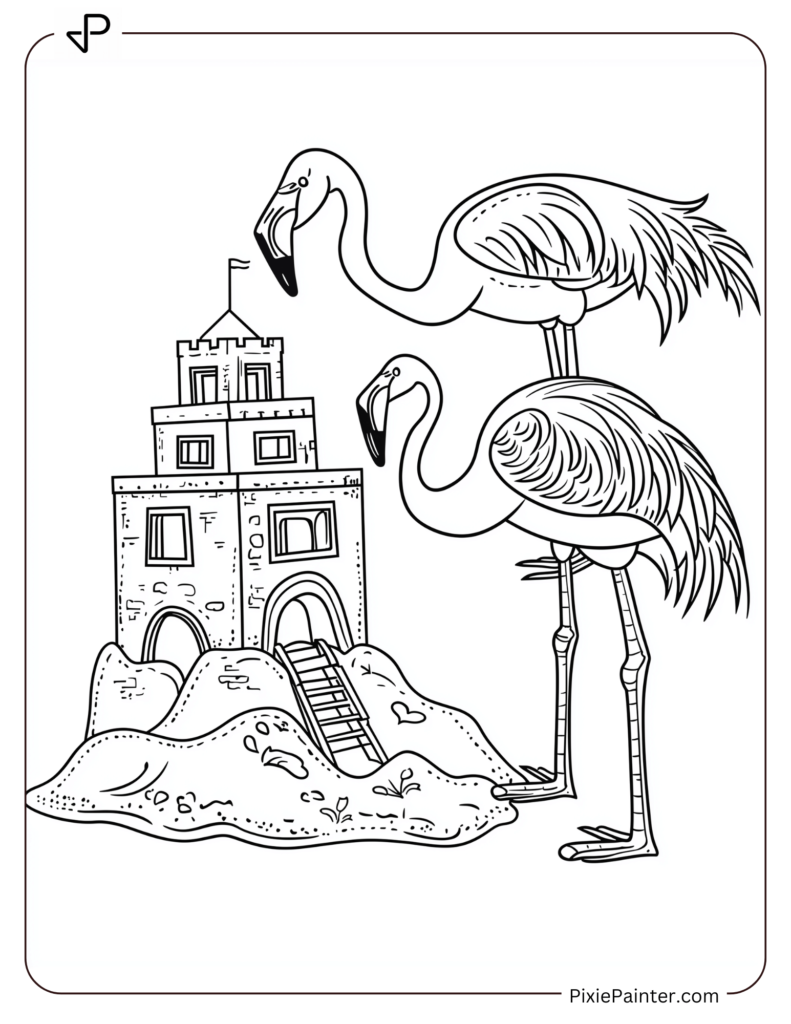 Flamingo And Crane Building A Sandcastle