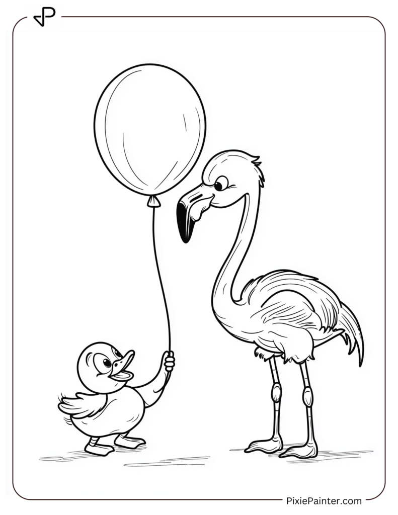 Flamingo And Duck Playing With A Ballon