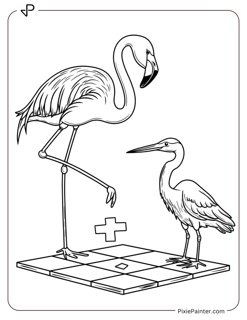 Flamingo And Heron Playing Hopscotch