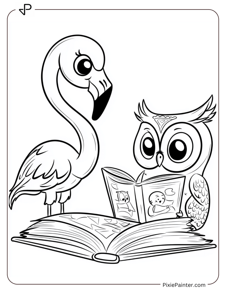 Flamingo Coloring Pages of Reading Storybook With Owl